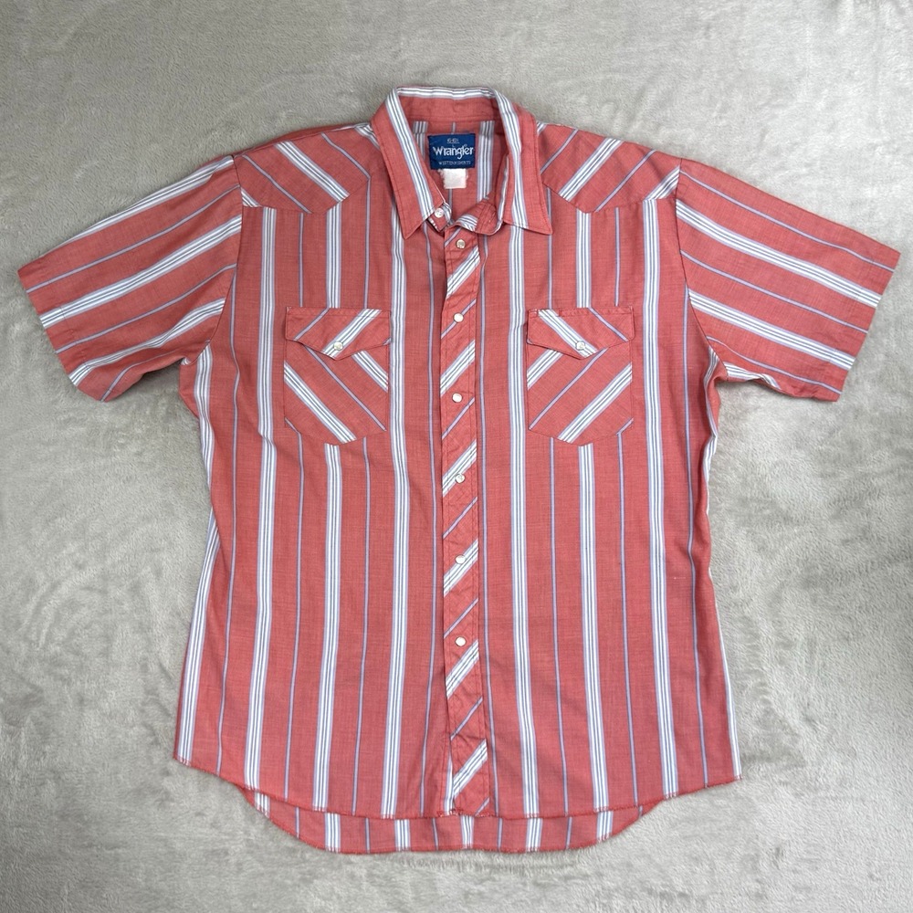 Wrangler Western Shirt Mens L Short Sleeve Pearl Snap Striped Vtg Cowboy Rodeo
